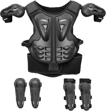 Kids Dirt Bike Gear Set for Boys Girls- Youth Motorcycle Chest Protector with Knee Pads Elbow Pads, Motocross Armor Protective Gear for ATV Riding Skateboarding Skiing, Adjustable, Black