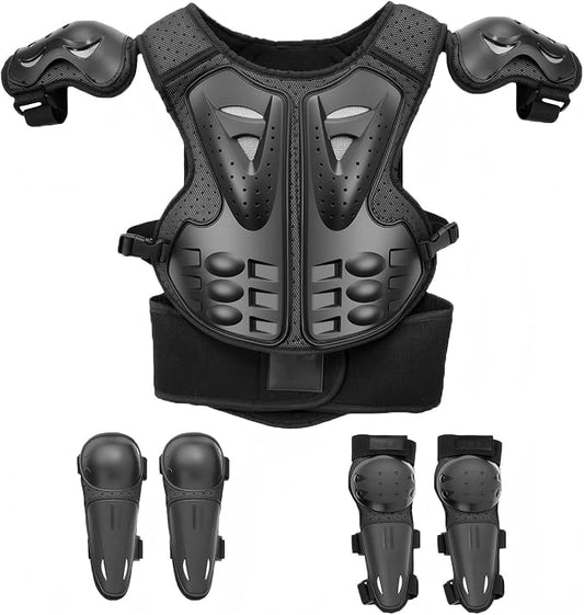 Kids Dirt Bike Gear Set for Boys Girls- Youth Motorcycle Chest Protector with Knee Pads Elbow Pads, Motocross Armor Protective Gear for ATV Riding Skateboarding Skiing, Adjustable, Black