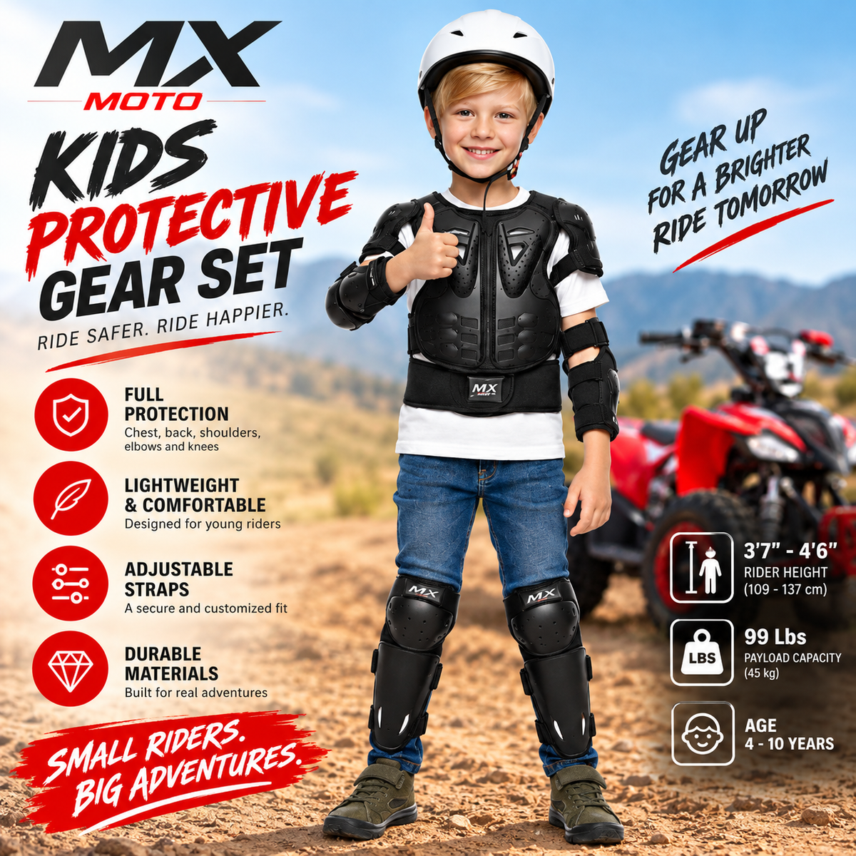 Kids Dirt Bike Gear Set for Boys Girls- Youth Motorcycle Chest Protector with Knee Pads Elbow Pads, Motocross Armor Protective Gear for ATV Riding Skateboarding Skiing, Adjustable, Black